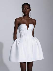 SHEIN Belle 优雅的白色缎面无肩带钢骨紧身胸衣，带骨中腰，低腰分层 A 字下摆，可调节系带，短款新娘派对/婚礼/鸡尾酒会/度假礼服，新娘 - 白色 - 查看 7