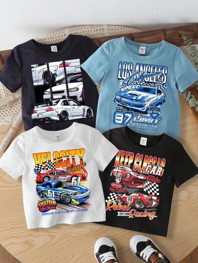 SHEIN 4pcs Baby Boy Casual Chic Classic Stylish Powerful Handsome Racing Car Print Short Sleeve Crew Neck Tops, Suitable For Summer