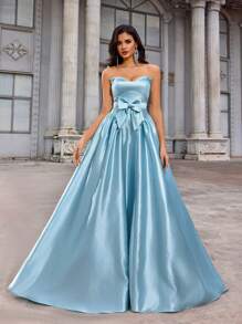 Glamrae Elegant, Romantic Blue Satin Strapless Dress With Bowknot Waist, Vintage Style Formal Gown, Party Dress, Wedding Guest Dress, Evening Dress,Graduation,Teacher Outfits For Women,Teacher Dress - Blue - View 7