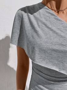 SHEIN LUNE Women's Asymmetrical Ruffle Hem Shirred Waist Elastic Knit T-Shirt, Versatile For Music Festival, Party, Date, Commuting, Fashion - Grey - View 5