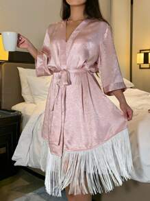 DAZY Women's Loose Fit Textured Satin Short Sleeve Robe With Fringe Hem Pajama - Pink - View 4