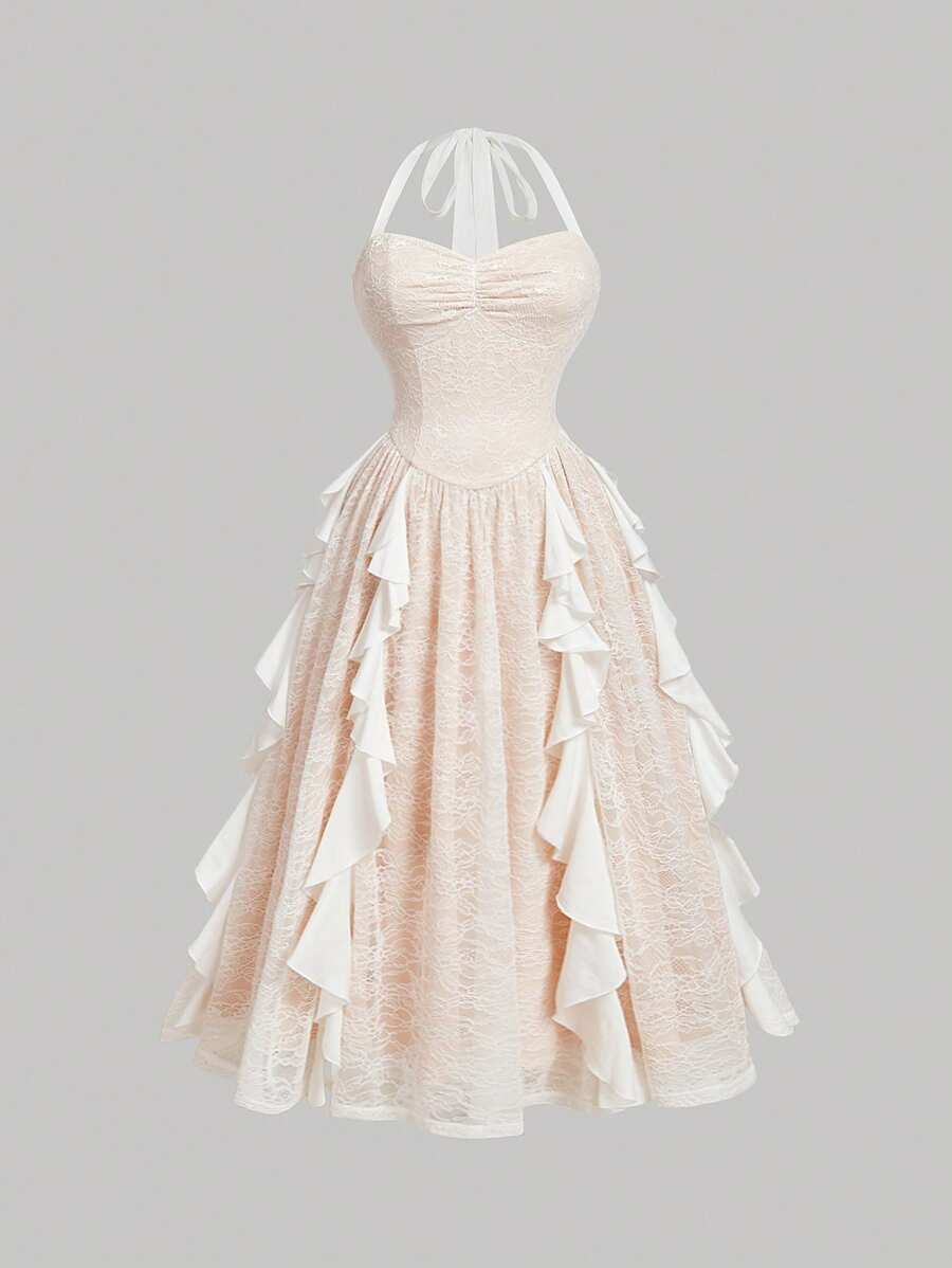 SHEIN MOD Plus Size Lace Patchwork Camisole With Bowknot Waist Band Flare Maxi Dress,Summer Outfits For Women ,Beach Outfits For Woman,Festival Outfits For Women,Beach Vacation Outfits