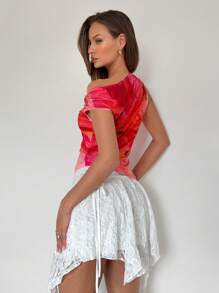 Roylia French Style Asymmetrical Shoulder Ruched Floral Print Slim Fit Women T-Shirt Top - Multicolor - View 2