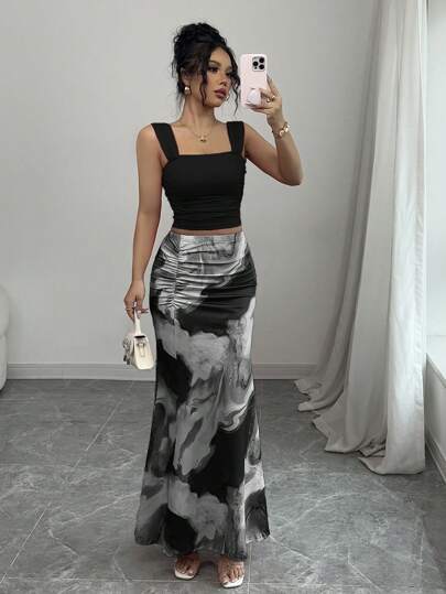 Elenzga Romantic Tie Dye Print Ruffle Collar Tank Top And Skirt 2Pcs Set
