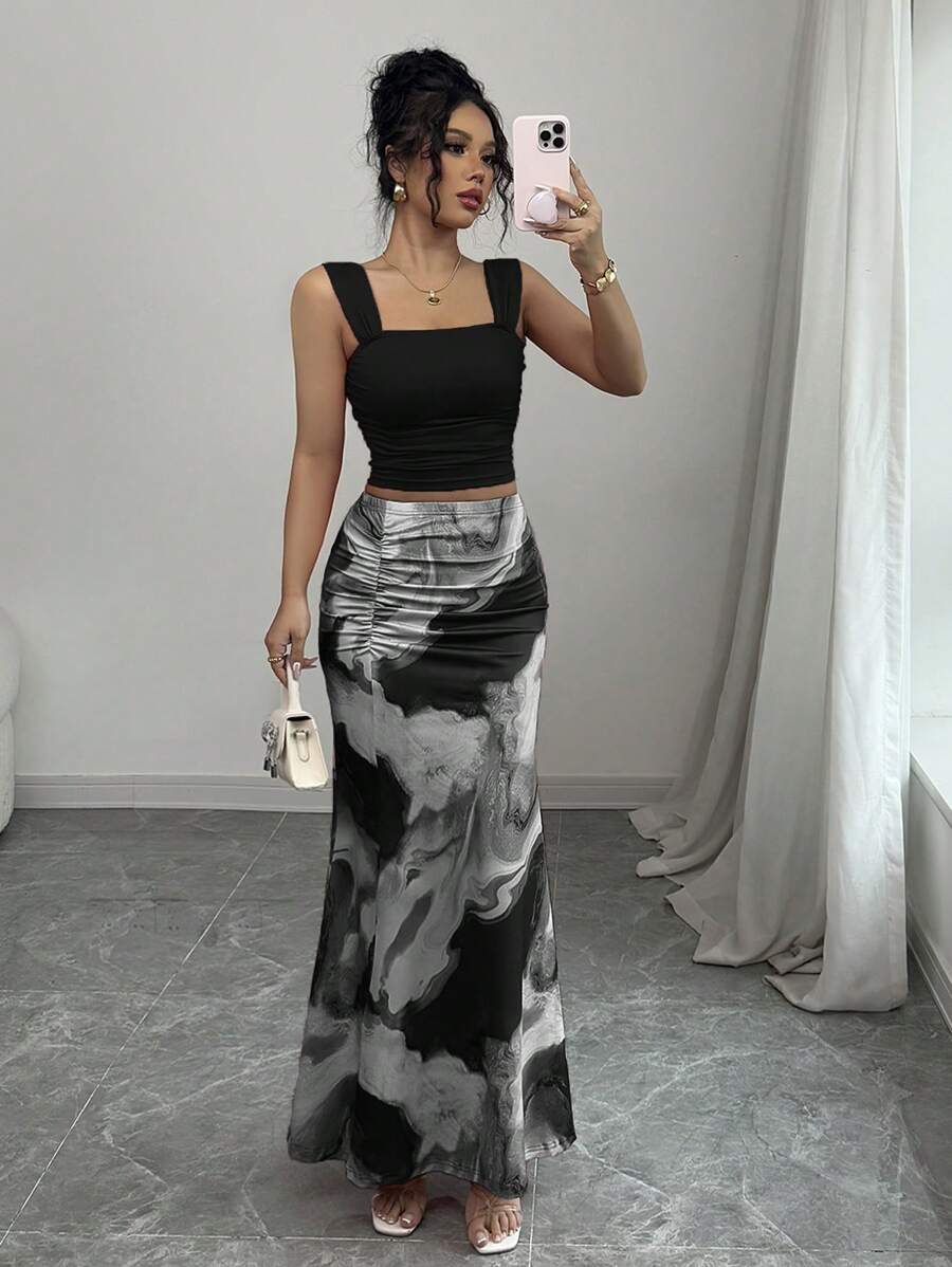 Elenzga Romantic Tie Dye Print Ruffle Collar Tank Top And Skirt 2Pcs Set