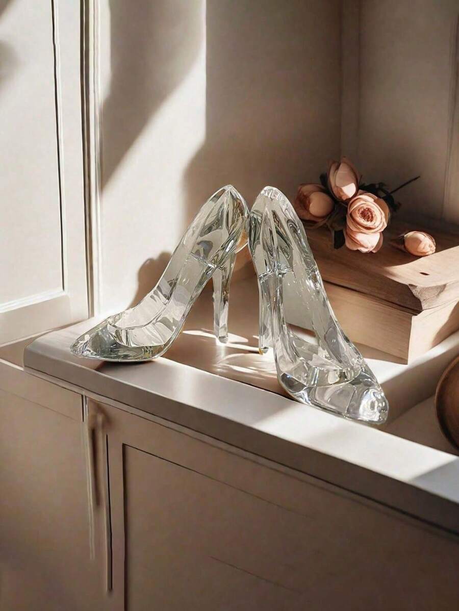 SHEIN 1pc Acrylic Glass Slipper Birthday Gift Home Decoration Crafts High Heels Wedding Figurines Miniature Decorations Party Supplies Decoration - White - View 1