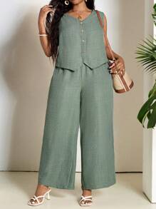 SHEIN PETITE CURVE Damen Zweiteiler aus einfarbiger Bluse mit Knopfleiste ohne Ärmel und langer Hose, Sommer Damen Outfit Sets, Winter Damen Sets