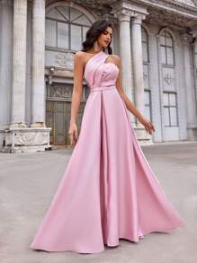 Aureia 优雅、浪漫、端庄、春夏、粉色、缎面、亮片拼接、不对称领口连衣裙、适合度假、婚礼宾客、舞会、正式晚宴礼服、派对礼服、晚礼服、长袍