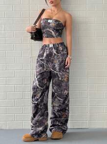SHEIN PETITE Set da 2 pezzi da donna, top a fascia con stampa di foglie appassite vintage e pantaloni larghi casual, per l'autunno