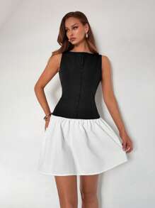 Roylia Women's Elegant Solid Color Round Neck Sleeveless Tight-Fitting Mini Ruffle A-Line Waisted Black & White Contrast Swing Dress