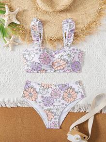 2pcs/Set Tween Girls Daisy Print Bikini Set, Sibling/Matching Outfits (Sold Separately) - Multicolor - View 4