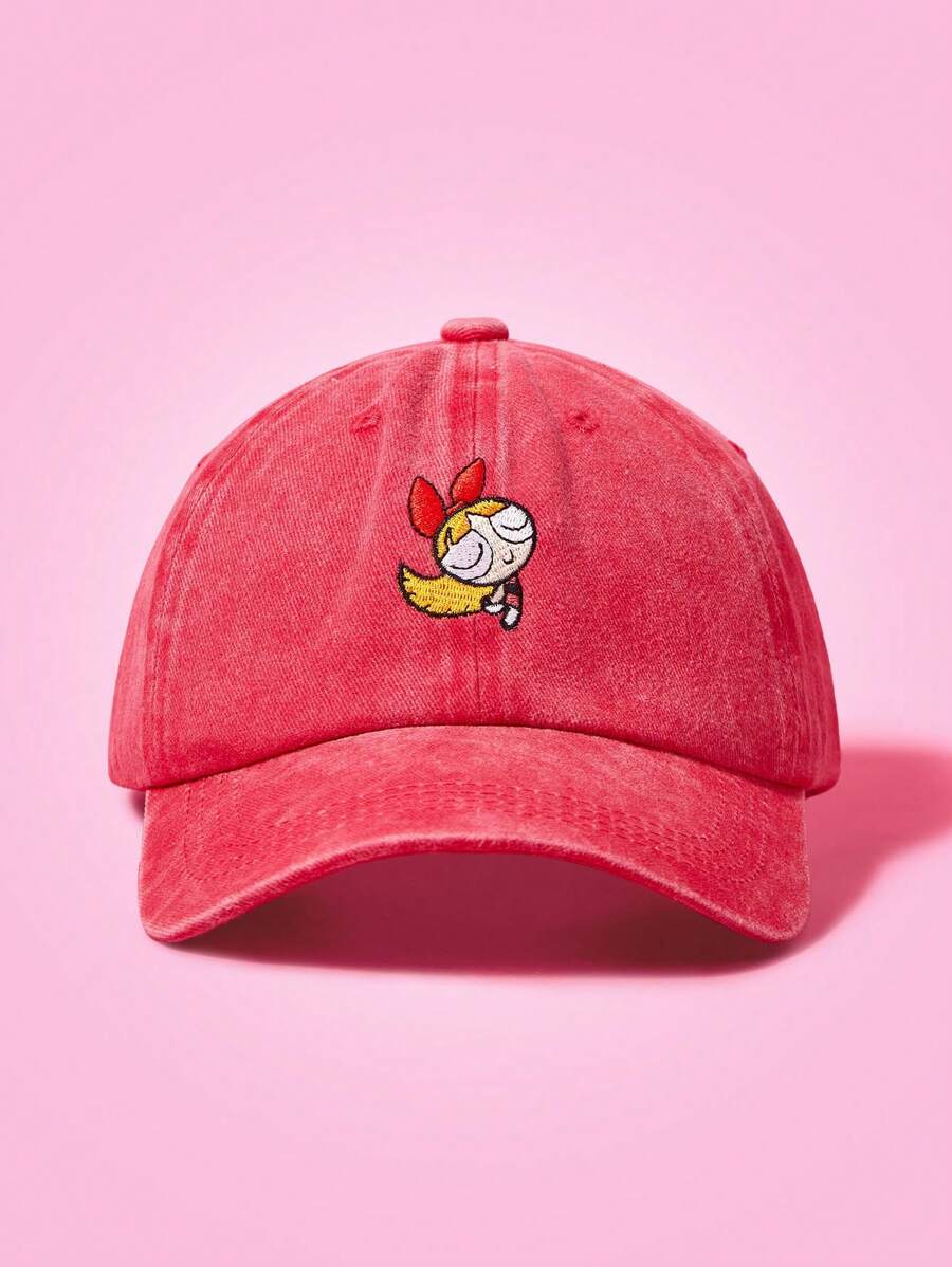 THE POWERPUFF GIRLS X SHEIN Gorra de béisbol roja lavada con bordado de flores - Rojo - Ver 1
