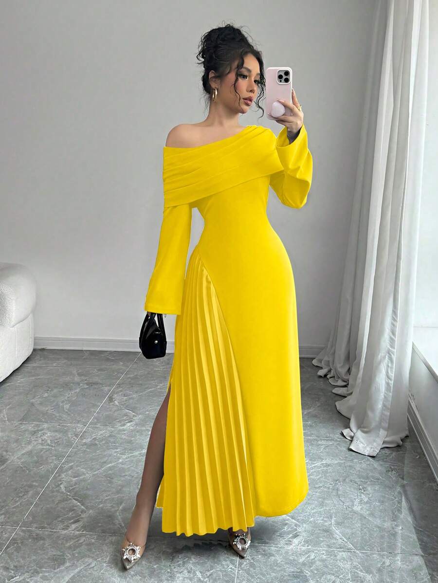 Elenzga 女士优雅时尚通勤迷人派对不对称荷叶边下摆纯色长袖裹身黄色长裙