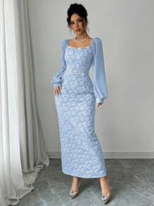 Modelyn 女士优雅提花拼布链条装饰紧身连衣裙