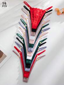 SHEIN 14pcs/Set Sexy Lace Floral Women G-String Panties With Luxury Rhinestone Decorations - Multicolor - View 2