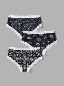 ROMWE 3pcs/Set Gothic Floral Snake Skin Moth Butterfly Rose Sun & Moon Contrast Lace Bow Decorated Ladies' Panties - Black - View 2