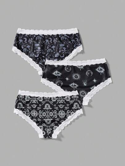 Goth 3pcs/Set Gothic Floral Snake Skin Moth Butterfly Rose Sun & Moon Contrast Lace Bow Decorated Ladies' Panties