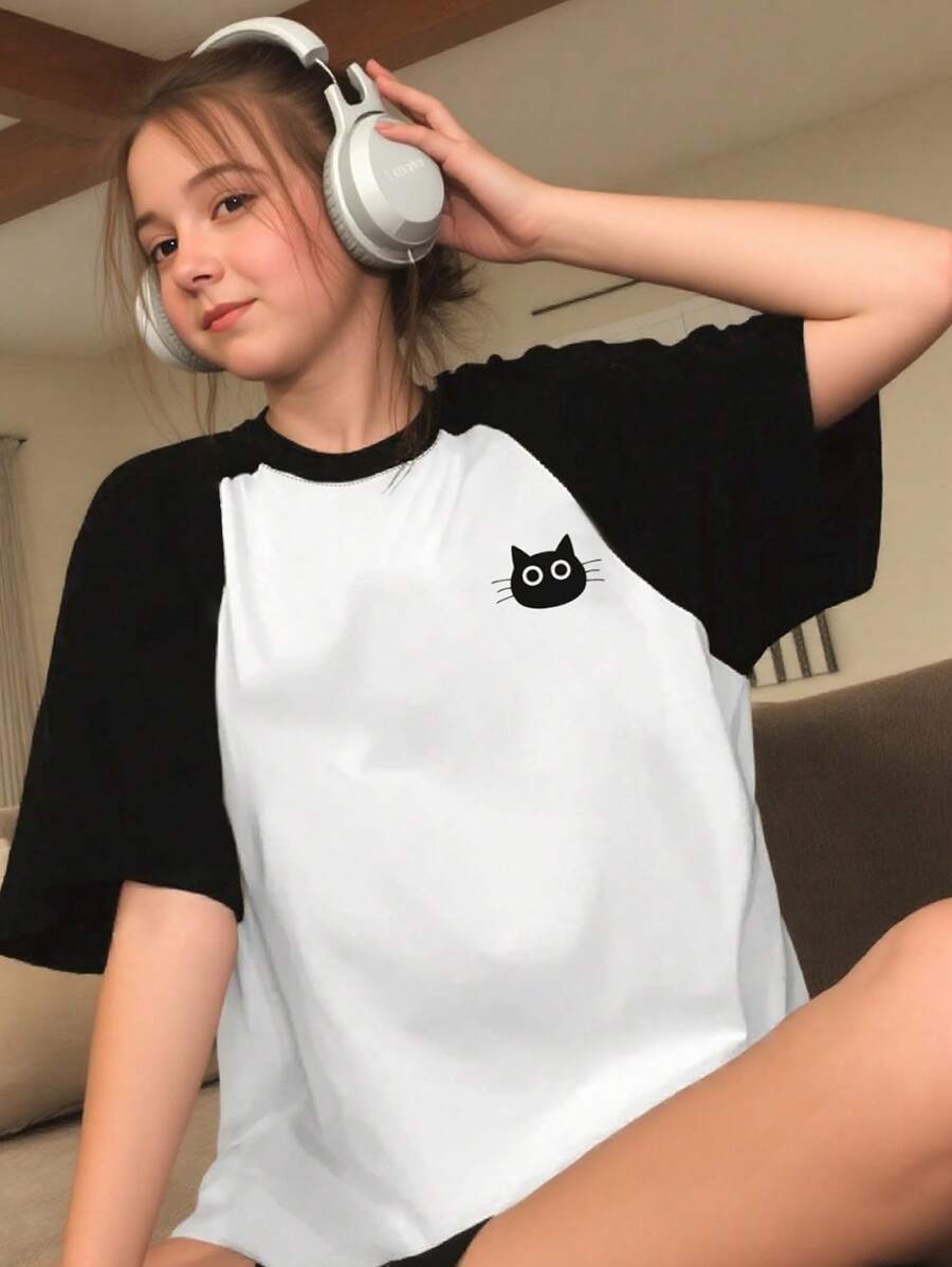SHEIN Teen Girls Casual Versatile Cat Pattern Black & White Raglan Sleeve Short Sleeve T-Shirt Summer Holiday