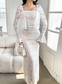 Modelyn 2pcs/Set Women Lace Long Sleeve Jacket & Cami Dress - White - View 4