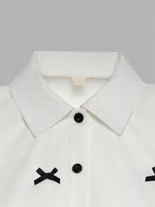 SHEIN Explorewe Tween Girls Polo Collar Cap Sleeve Blouse With 3D Bow Ruffle Puff Sleeves Top And French Cake Puff Skirt - White - View 4
