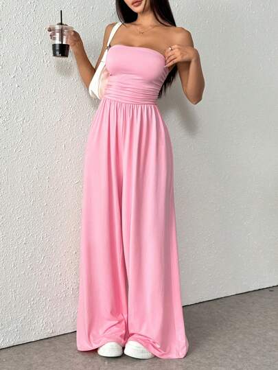 Flirla 女士纯色休闲褶饰抹胸宽松阔腿连体裤