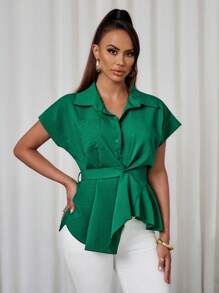 Xyvia Women's Solid Color Single-Breasted Short Sleeve Casual Shirt - Green - View 5