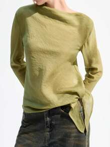 LYSMO 女式简约垂褶领口 T 恤，带开衩设计 - 綠色 - 查看 5