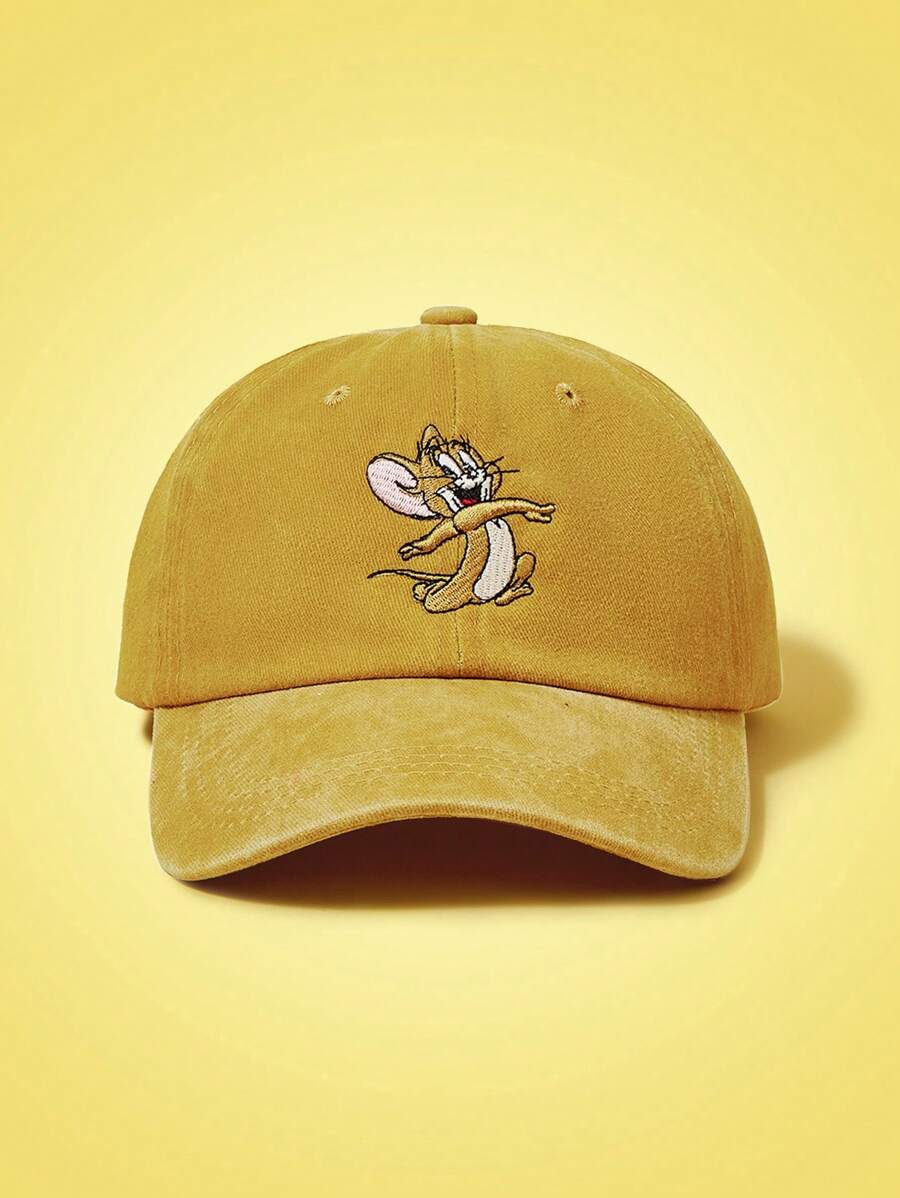 TOM & JERRY X SHEIN Cartoon Mouse Embroidered Brown Washed Baseball Cap - Yellow - View 1