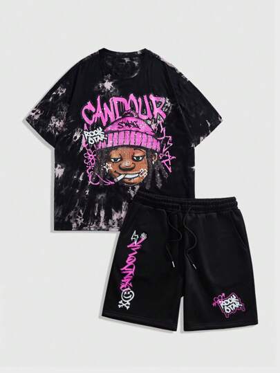 Street Life 2 pièces/Ensemble T-shirt casual à manches courtes col rond avec lettres et chiffres graphiques et shorts à cordon de serrage pour hommes