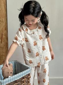 SHEIN Dozemod Young Girl Young Girl Cute Bear Pattern Ruffle Collar Button Up Short Sleeve Pajama Set, 2pcs - Brown - View 4
