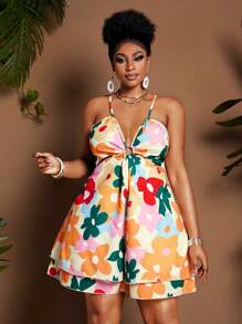Maweii Plus Size Women's Elegant Multi-Color Printed Halter V-Neck Waist Hollow Out Backless Ruffle Wide Leg Jumpsuit, Vacation Style, Spring/Summer