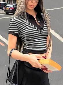 INAWLY Women Casual Striped Splice 2 In 1 Crop Top - Grey - View 2