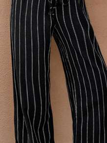 SHEIN Frenchy Women's Casual Vacation Striped Straight Leg Pants,Business Casual Woman Winter Chic Spring Holiday Resort - Black and White - View 7