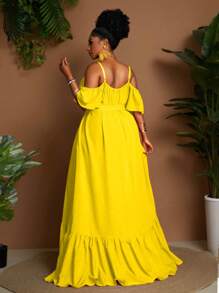 Maweii 大码度假休闲纯色露肩细肩带连衣裙 - 黃色 - 查看 2