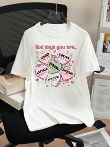 Teen Girl Casual Fashionable Creative Cartoon Cute Heart Decor Letter Graphic Printed Basic Round Neck Short Sleeve T-Shirt (Sibling T-Shirt Matching T-Shirt, Sold Separately) - White - View 3