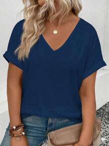 SHEIN Women's Casual V-Neck Cuffed Sleeve Short Sleeve All-Match Versatile Plus Size T-Shirt, Spring/Summer - Navy Blue - View 1