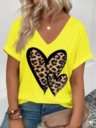 SHEIN Plus Size vår/sommar V-ringad kortärmad manschett leopardtryck Hjärtdesign Casual mångsidig T-shirt