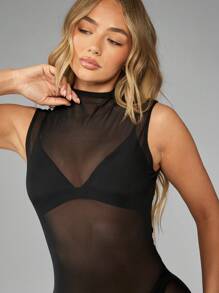 MISSGUIDED Mesh Bodysuit Sheer Unitard Dance Costume Performance Wear High Neck Sleeveless Bodycon Romper Athletic Workout Festival Stage Wear Jumpsuit - Black - View 5