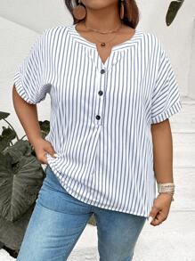 SHEIN LUNE Plus Size Women's Blue And White Striped Half-Open Collar Shirt,Minimalist Fashionable Smart Casual Office Top,Summer Western Wear Easter Spring - Multicolor - View 5
