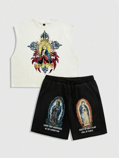Street Life Men's Religious Casual Letter & Sacred  Print Round Neck Tank Top And Shorts Set
