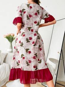CottageSlumber V-Neck Chiffon Patchwork Ruffle Floral Print Women's Nightgown Babydoll Perfect Summer, Moo Moo - Multicolor - View 2