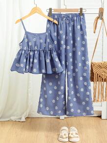 Tween Girls V-Neck Spaghetti Strap Flower Printed Checkered Top With Ruffle Hem And Loose Wide Leg Floral Pants, 2pcs Set - Blue - View 2
