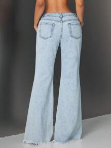 Flirla Women's Casual Extra Long Distressed Denim Jeans With Diamond Stitch Detail And Ripped Design - Blue - View 2