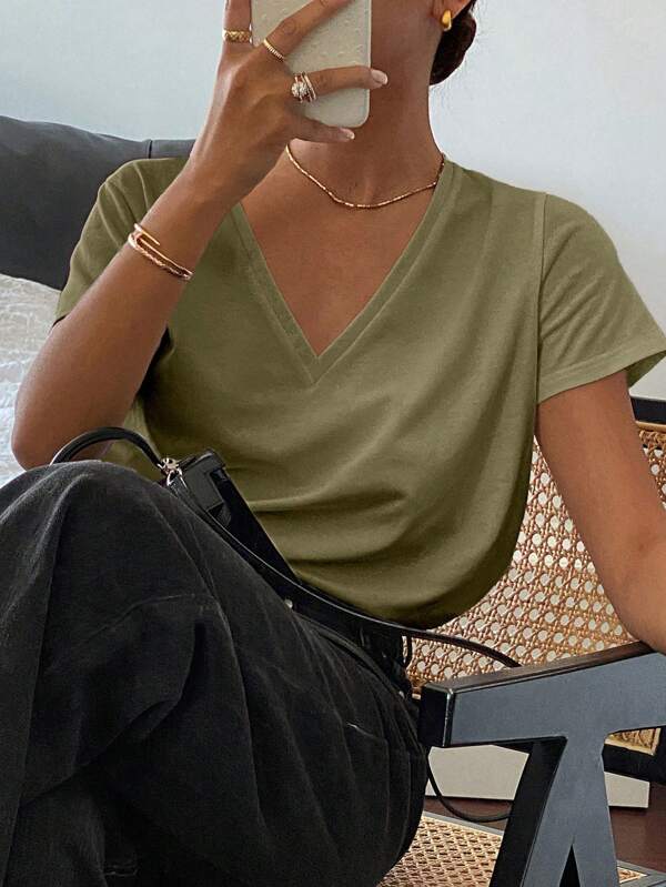 Livesso Women's Summer Casual Solid Deep V-Neck Loose T-Shirt,Business Casual Women
