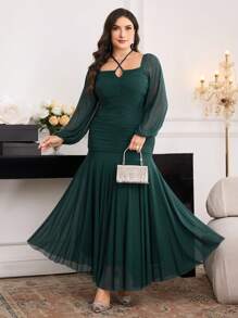 Modelyn Plus Size Women Solid Color Cross-Front Ruched Lantern Sleeve Fishtail Hem Elegant Dress - Dark Green - View 1