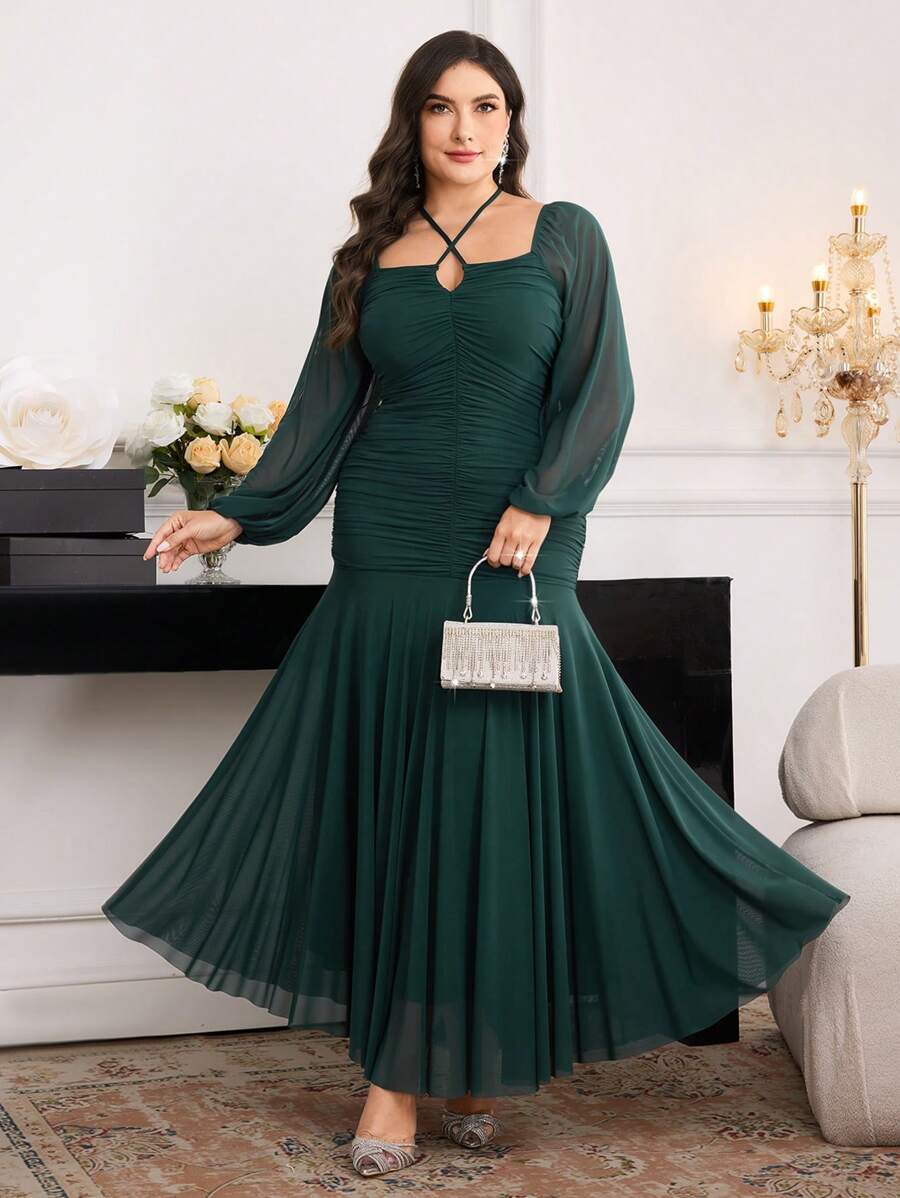 Modelyn Plus Size Women Solid Color Cross-Front Ruched Lantern Sleeve Fishtail Hem Elegant Dress - Dark Green - View 1