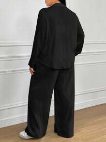 SHEIN EZwear Plus Size Women Solid Color Long Sleeve Shirt And Wide Leg Pants 2 Pieces Set - Black - View 2