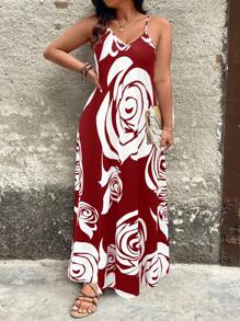 EMERY ROSE Plus Size Women's Fashionable White Rose Patterned Strappy Dress Maxi Women Outfit