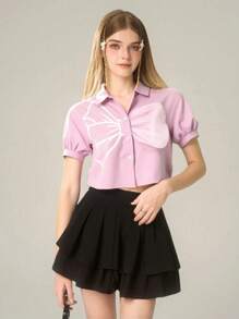 SHEIN Explorewe Tween Girls Front Button Short Sleeve Print Casual Shirt - Dusty Pink - View 1