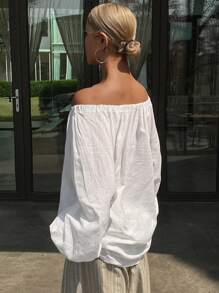 Livesso 女士宽松休闲沙滩度假风衬衫，夏季新款亚麻面料，秋季长袖露肩上衣 - 白色 - 查看 2